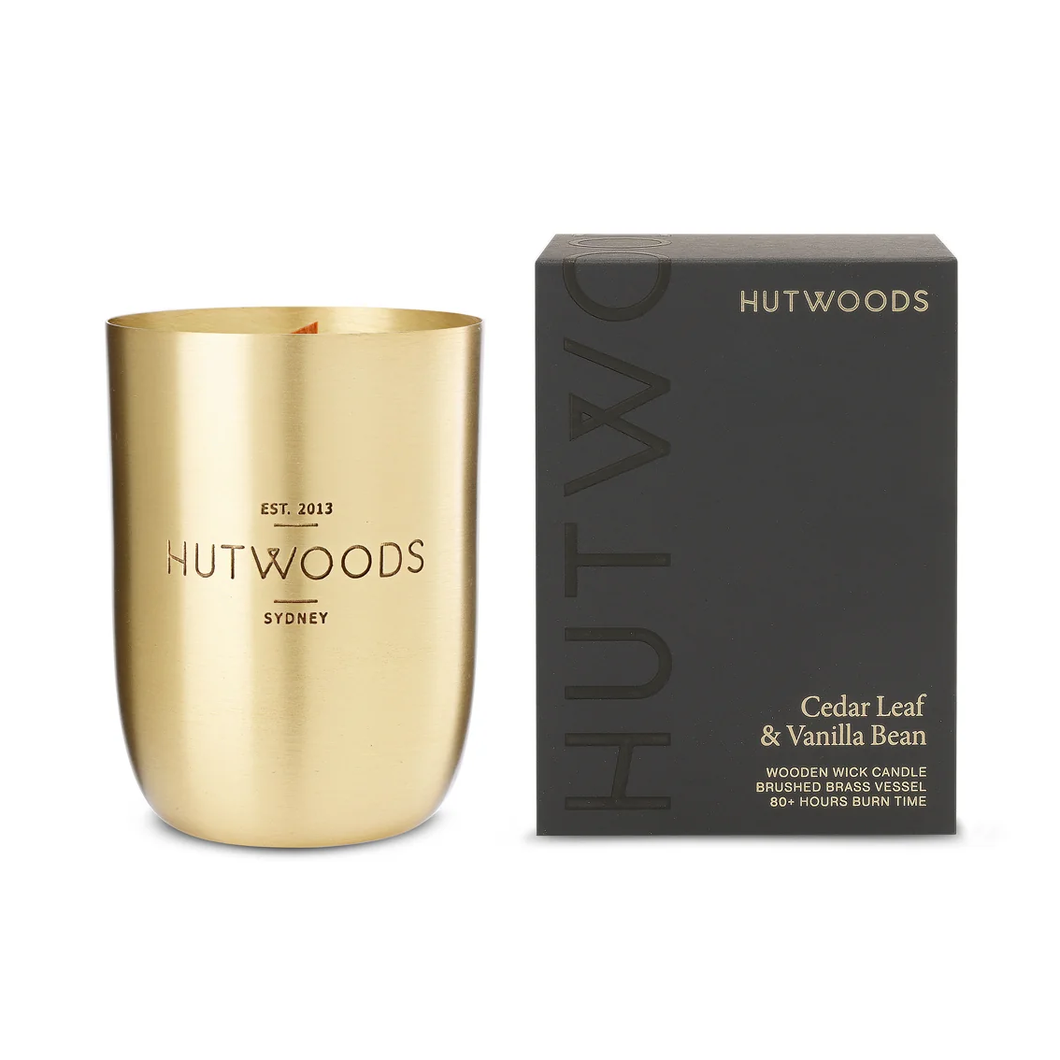 Cha Cha Chocolate Hutwoods Cedar Leaf & Vanilla Bean Candle with Seed Paper Luxury Brushed Brass Vessel