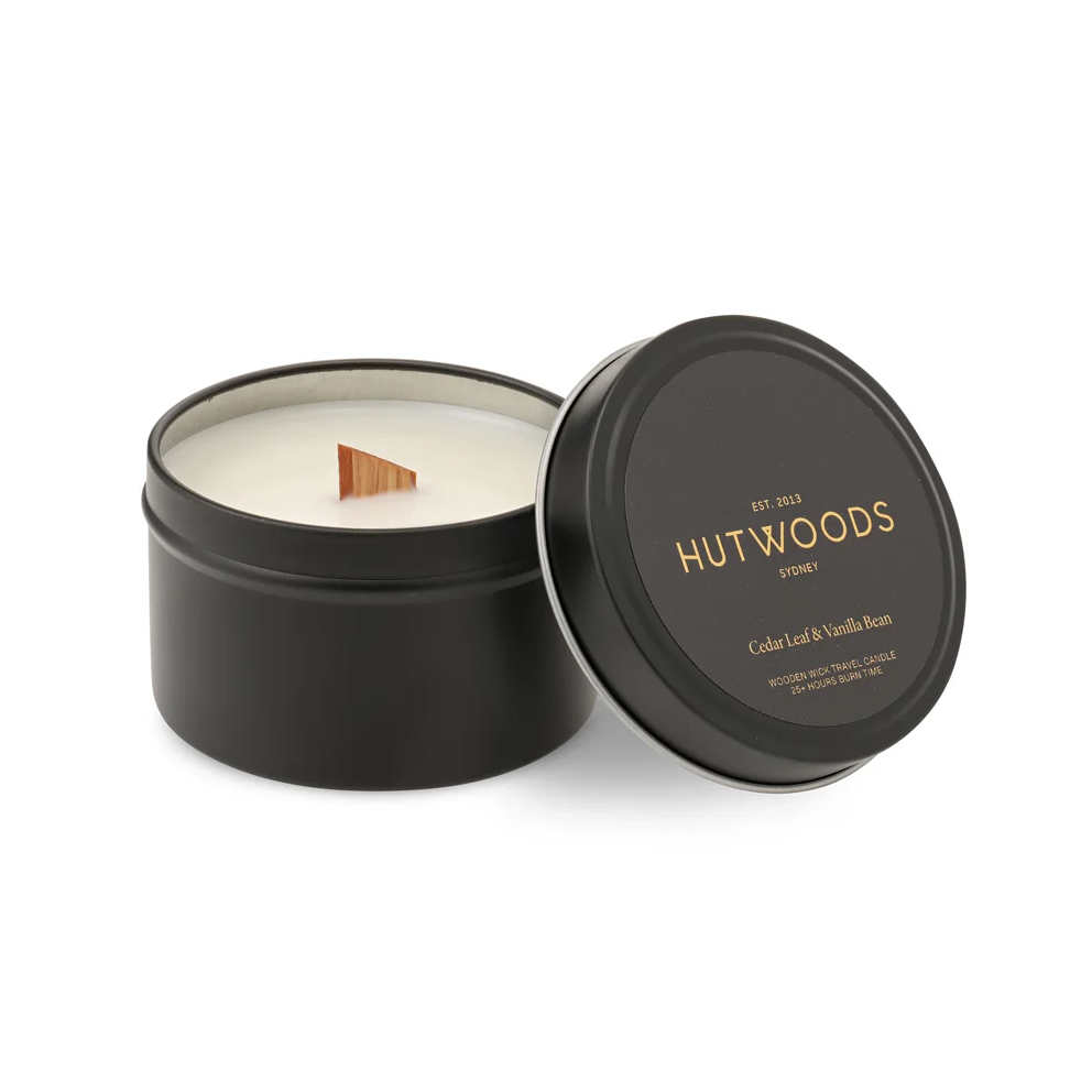 Cha Cha Chocolate Hutwoods Cedar Leaf & Vanilla Bean Candle Luxury Travel Tin