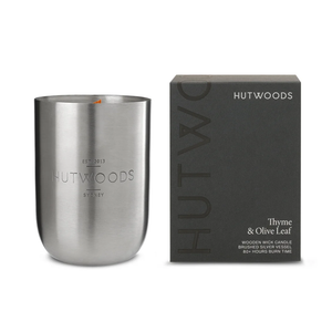 Cha Cha Chocolate Hutwoods Thyme & Olive Leaf Candle with Seed Paper Luxury Brushed Silver Vessel