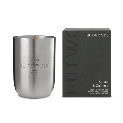 Cha Cha Chocolate Hutwoods Vanilla & Oakmoss Candle with Seed Paper Luxury Brushed Silver Vessel