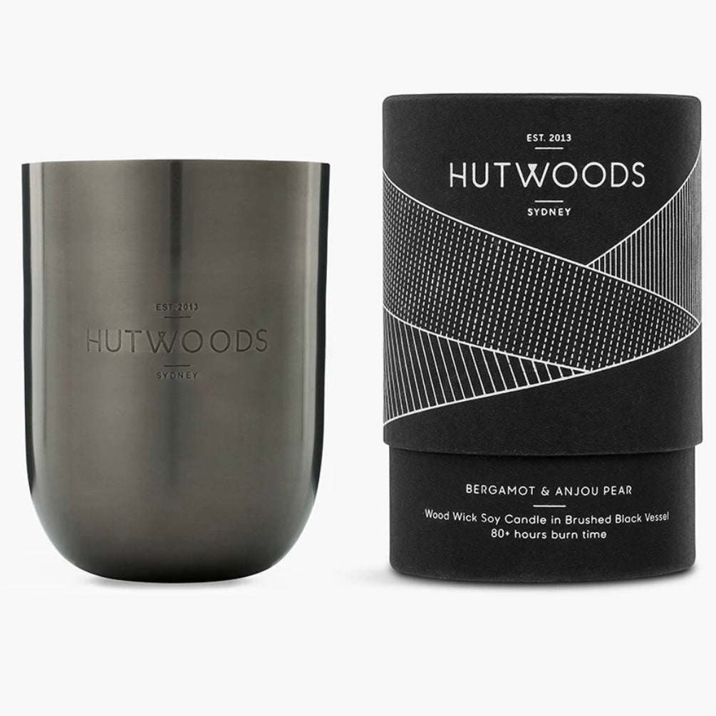 Bergamot & Anjou Pear Brushed Black Vessel Luxury Hutwoods Candles